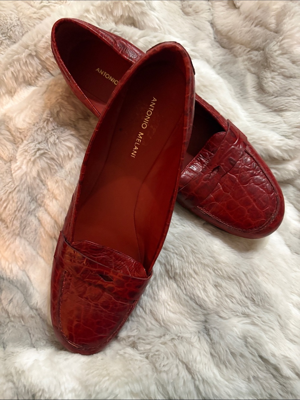 ANTONIO MELANI Red Croc-Embossed Slip-On Loafers 9